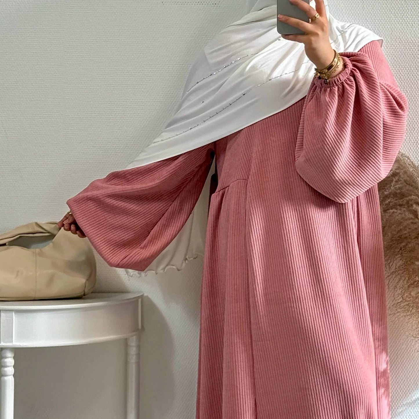 MH28 Winter Corduroy Abaya Dress - Muslim Maxi with Flared Hem & Puff Sleeves
