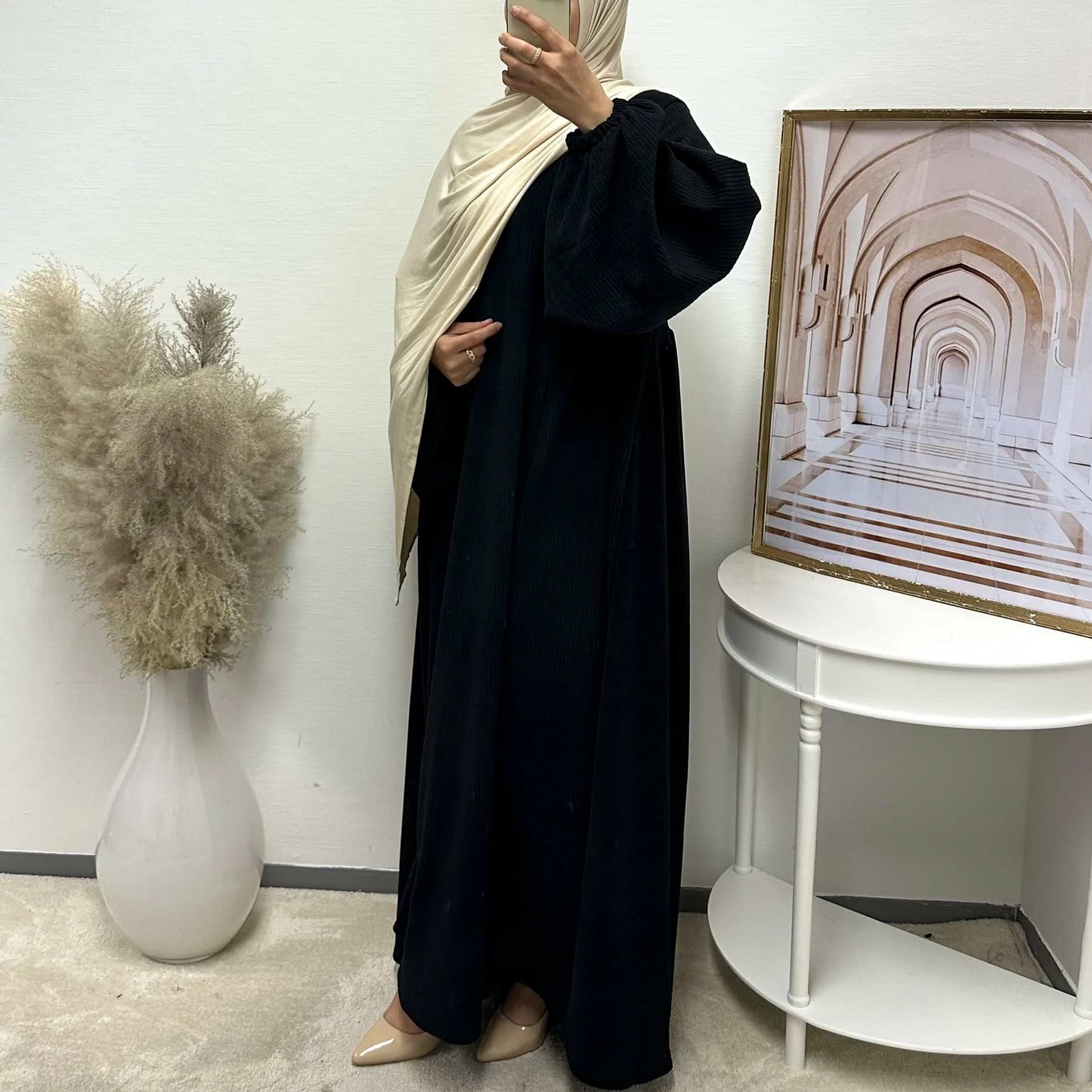 MH28 Winter Corduroy Abaya Dress - Muslim Maxi with Flared Hem & Puff Sleeves