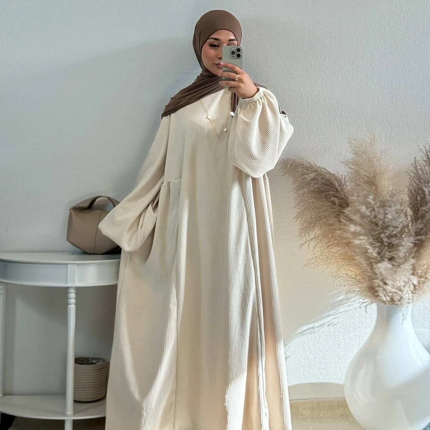 MH28 Winter Corduroy Abaya Dress - Muslim Maxi with Flared Hem & Puff Sleeves