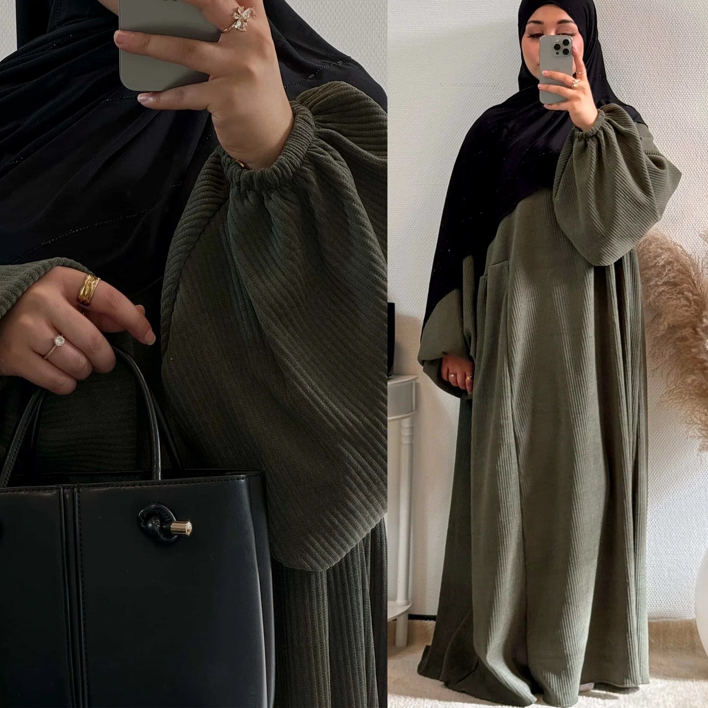 MH28 Winter Corduroy Abaya Dress - Muslim Maxi with Flared Hem & Puff Sleeves