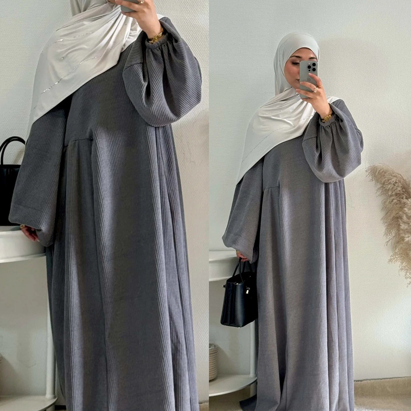 MH28 Winter Corduroy Abaya Dress - Muslim Maxi with Flared Hem & Puff Sleeves