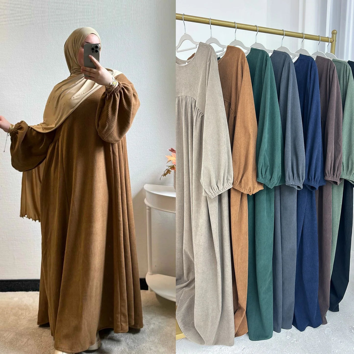 MH28 Winter Corduroy Abaya Dress - Muslim Maxi with Flared Hem & Puff Sleeves