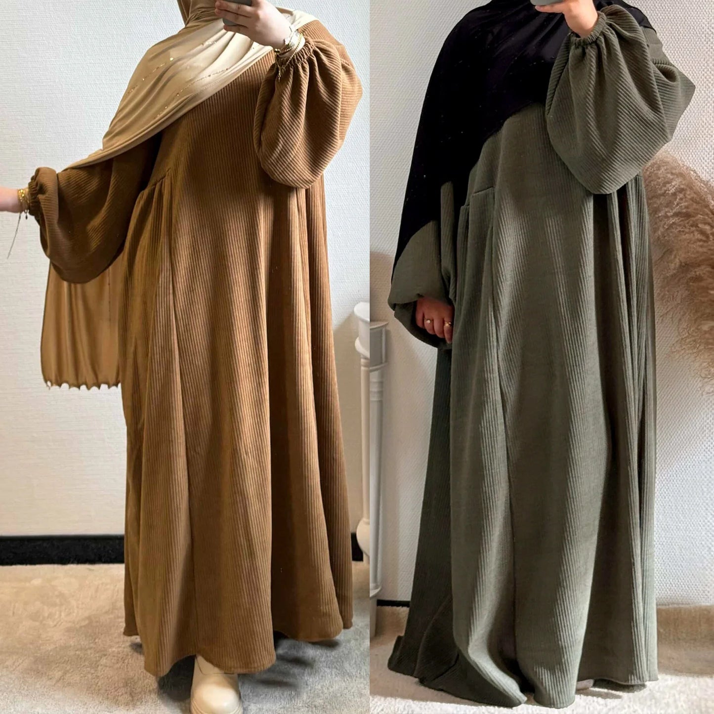 MH28 Winter Corduroy Abaya Dress - Muslim Maxi with Flared Hem & Puff Sleeves