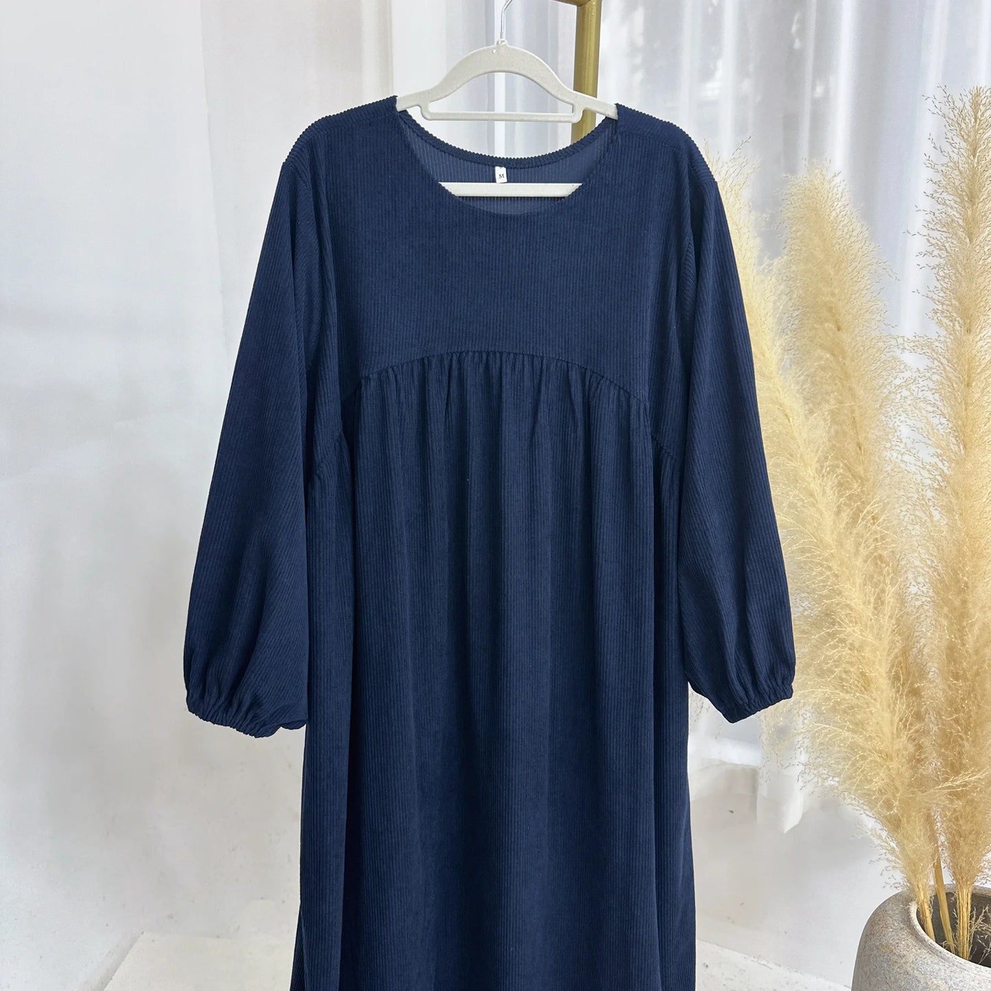 MH28 Winter Corduroy Abaya Dress - Muslim Maxi with Flared Hem & Puff Sleeves