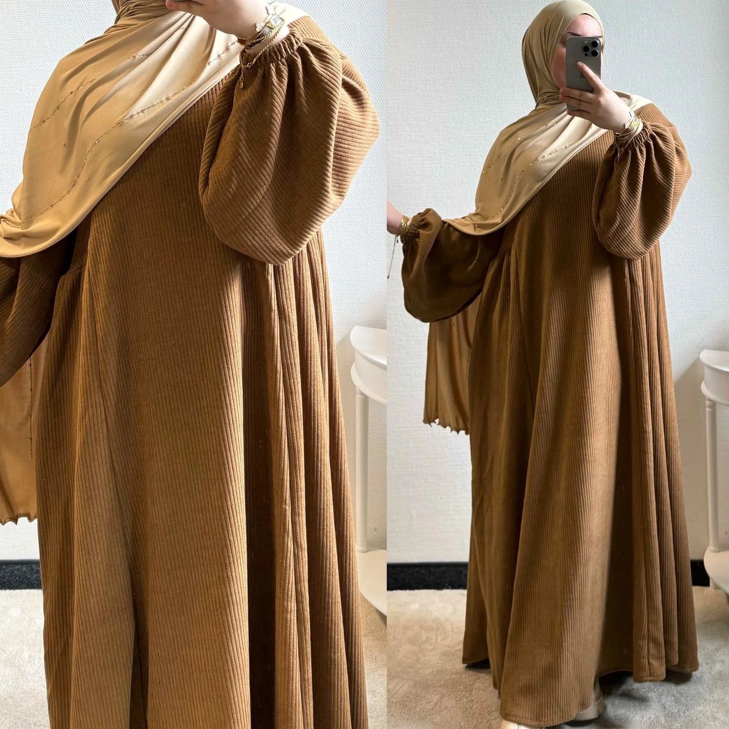 MH28 Winter Corduroy Abaya Dress - Muslim Maxi with Flared Hem & Puff Sleeves