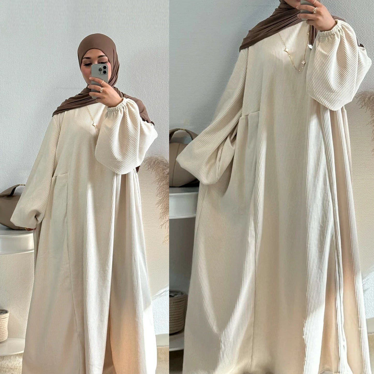 MH28 Winter Corduroy Abaya Dress - Muslim Maxi with Flared Hem & Puff Sleeves