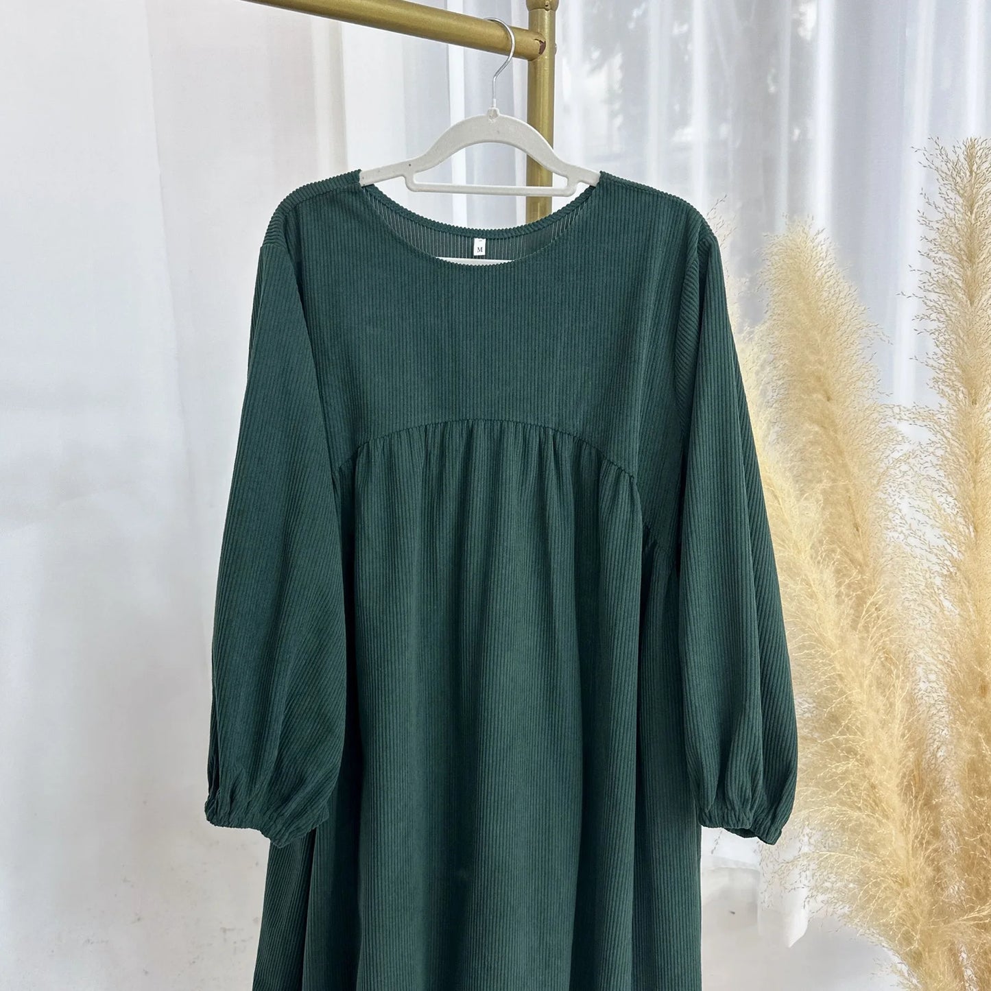 MH28 Winter Corduroy Abaya Dress - Muslim Maxi with Flared Hem & Puff Sleeves