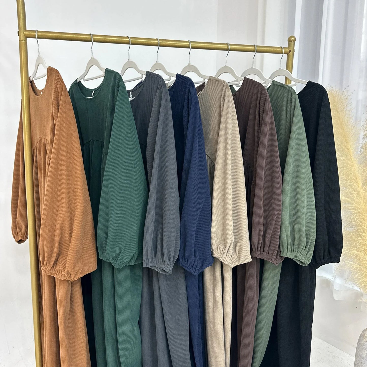 MH28 Winter Corduroy Abaya Dress - Muslim Maxi with Flared Hem & Puff Sleeves