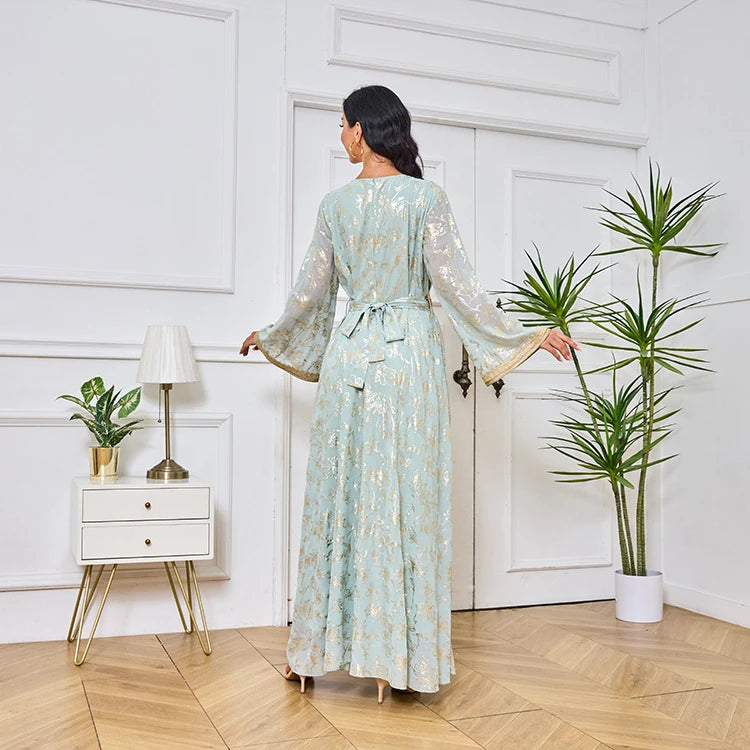 MH84 Summer Dubai Abaya Dress | Lightweight Gold Print Modest Maxi Kaftan