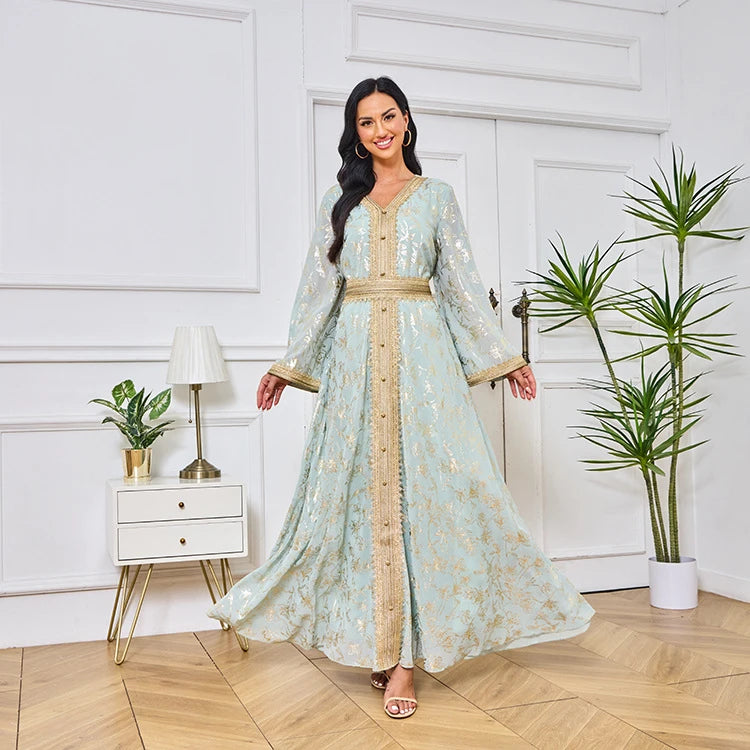 MH84 Summer Dubai Abaya Dress | Lightweight Gold Print Modest Maxi Kaftan