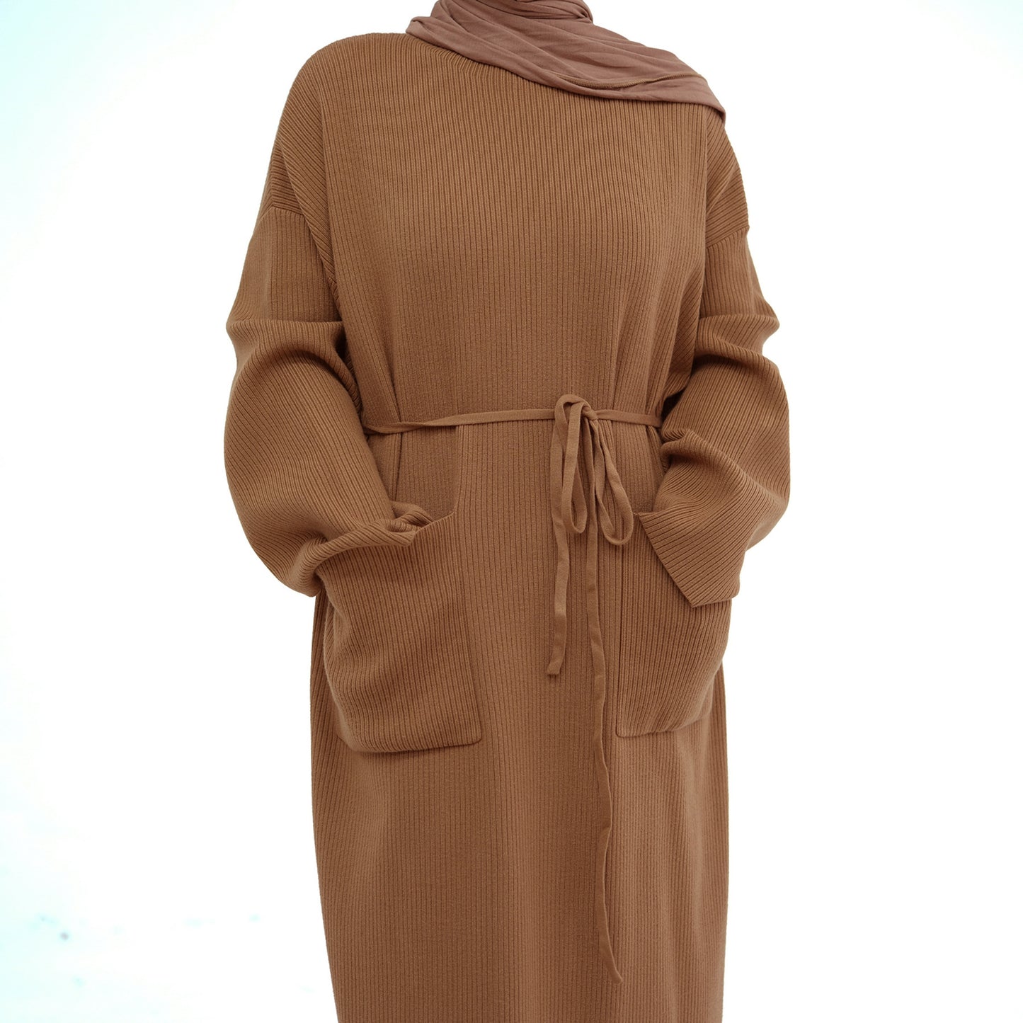 MH78 Winter Abaya with Pockets – Belted, Long Sleeve Modest Islamic Dress