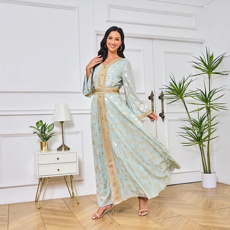 MH84 Summer Dubai Abaya Dress | Lightweight Gold Print Modest Maxi Kaftan