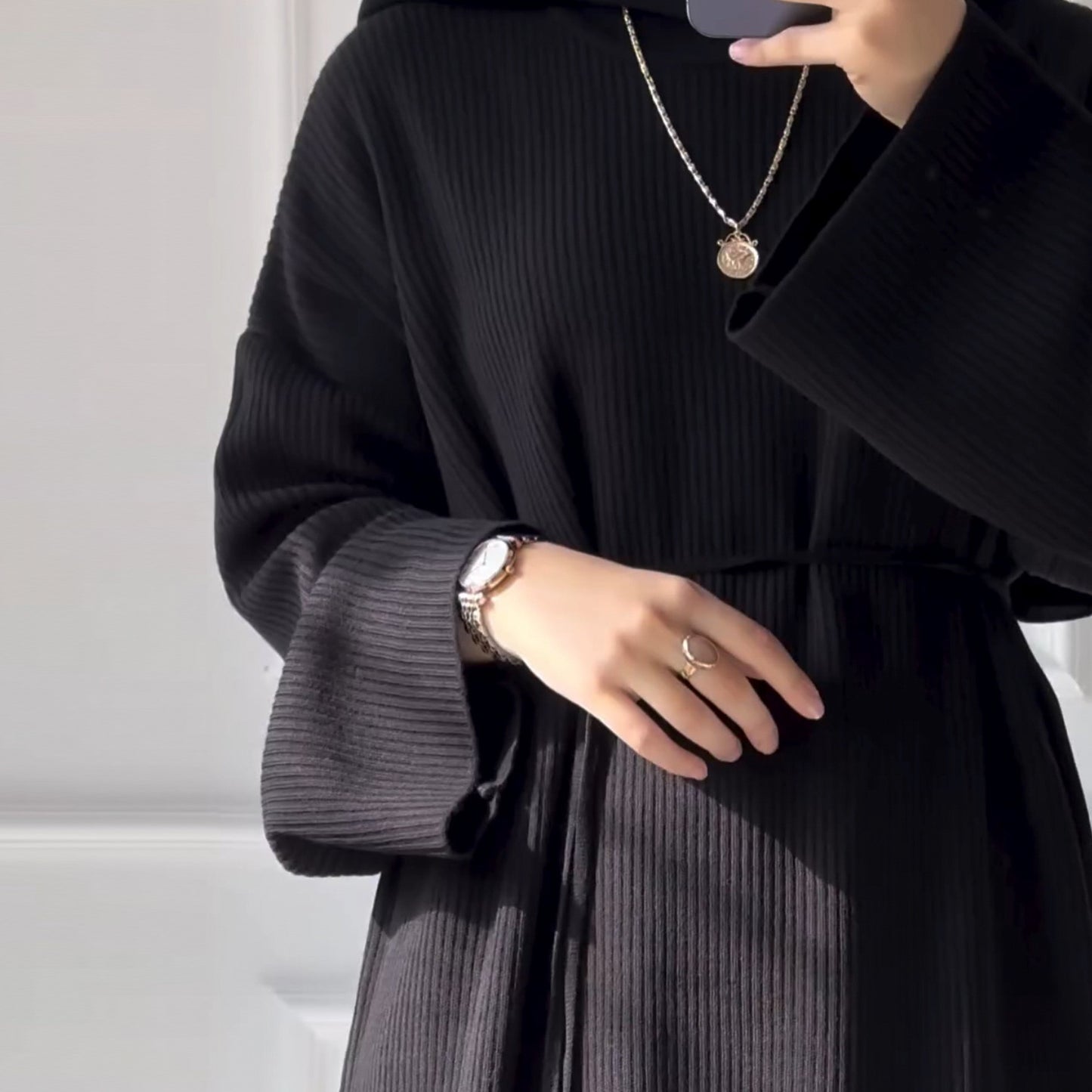 MH76 Winter Abaya for Women – Ribbed, Belted, Long Sleeve Modest Islamic Dress