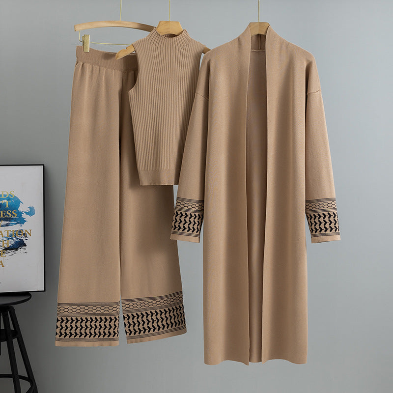 MH110 Abaya 3-Piece Knit Set – Cardigan, Mock-Neck Top & Wide-Leg Pants with Keffiyeh-Pattern Trim on Cuffs & Hem | Winter Layering, Daily to Mosque