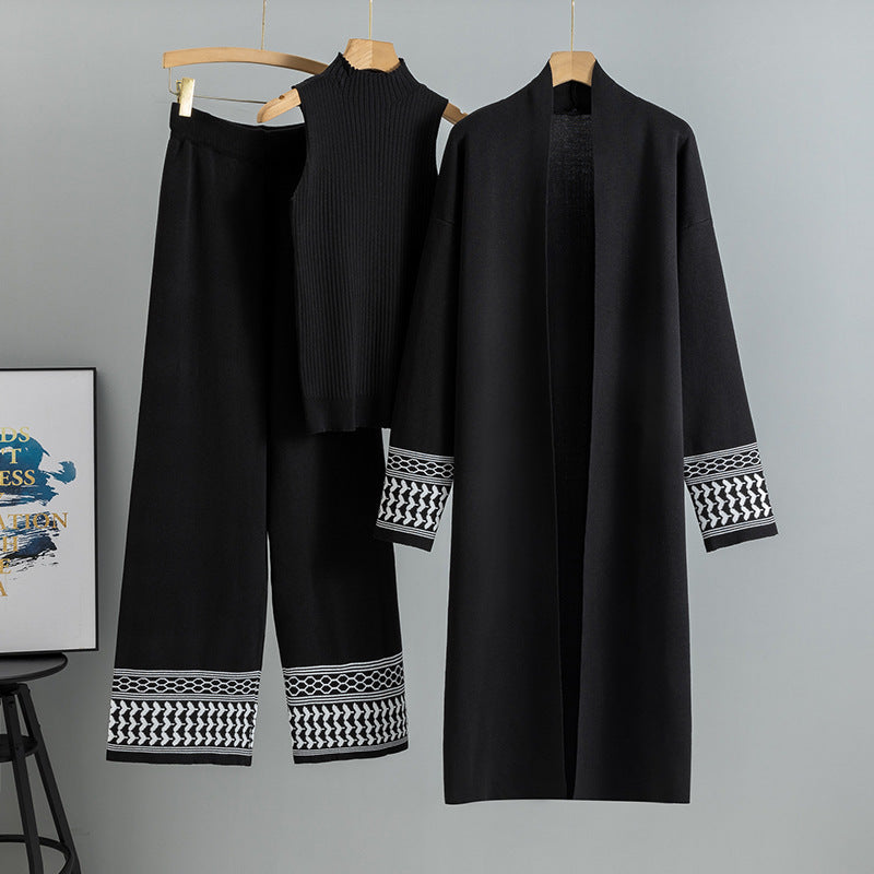 MH110 Abaya 3-Piece Knit Set – Cardigan, Mock-Neck Top & Wide-Leg Pants with Keffiyeh-Pattern Trim on Cuffs & Hem | Winter Layering, Daily to Mosque