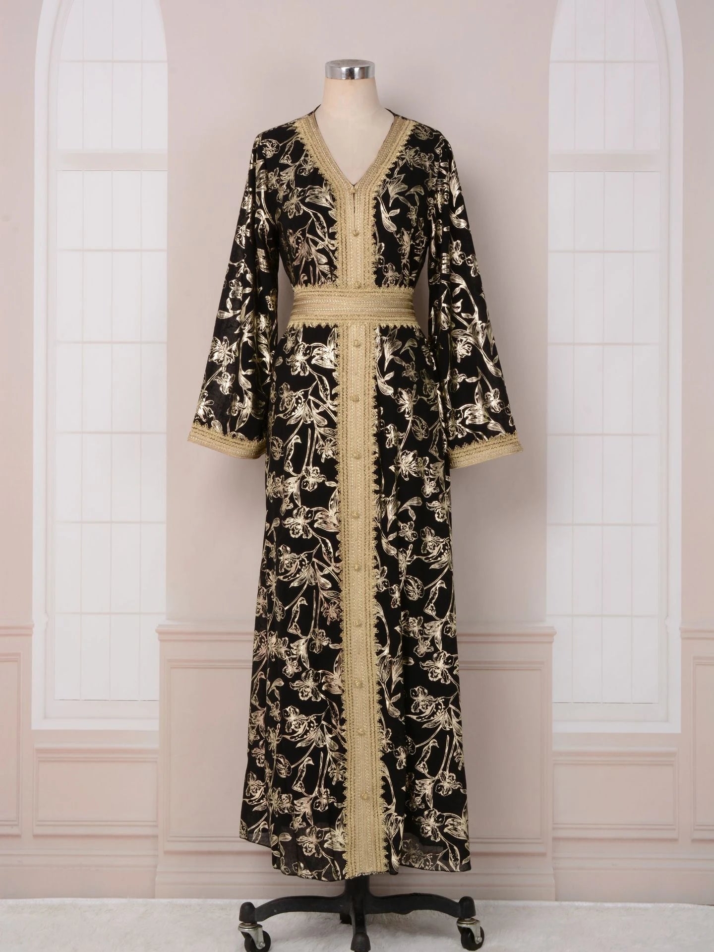 MH84 Summer Dubai Abaya Dress | Lightweight Gold Print Modest Maxi Kaftan