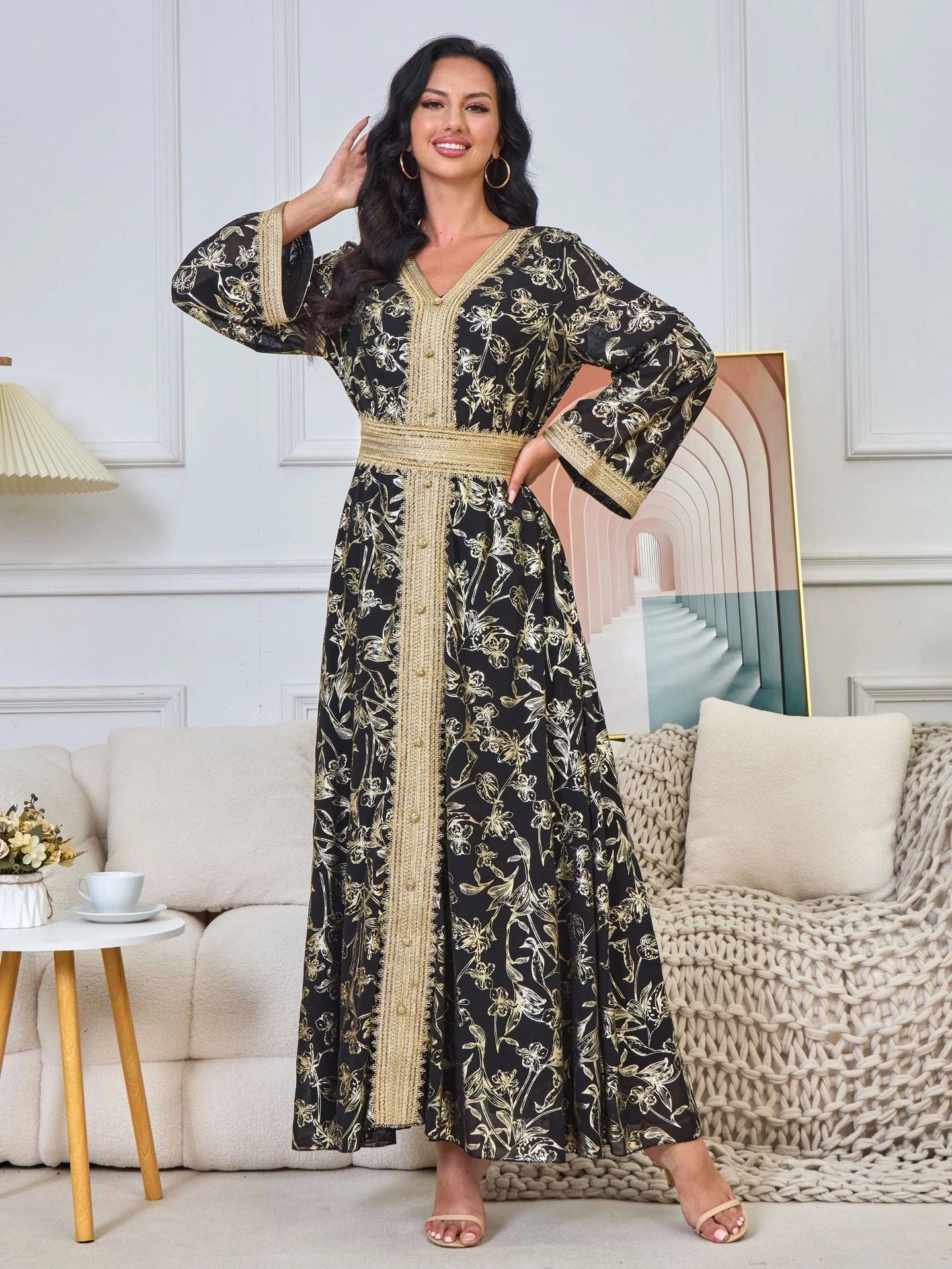 MH84 Summer Dubai Abaya Dress | Lightweight Gold Print Modest Maxi Kaftan