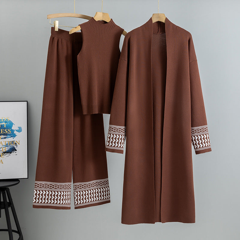 MH110 Abaya 3-Piece Knit Set – Cardigan, Mock-Neck Top & Wide-Leg Pants with Keffiyeh-Pattern Trim on Cuffs & Hem | Winter Layering, Daily to Mosque