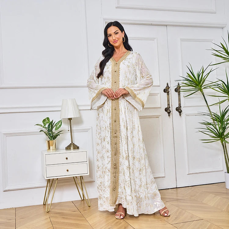 MH84 Summer Dubai Abaya Dress | Lightweight Gold Print Modest Maxi Kaftan