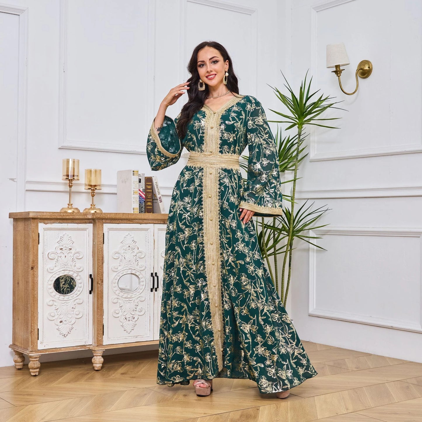 MH84 Summer Dubai Abaya Dress | Lightweight Gold Print Modest Maxi Kaftan