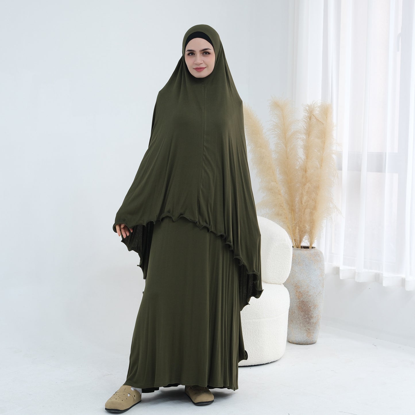 MH100 Modal Jersey Prayer Outfit Set – One-Piece Khimar & Long Dress