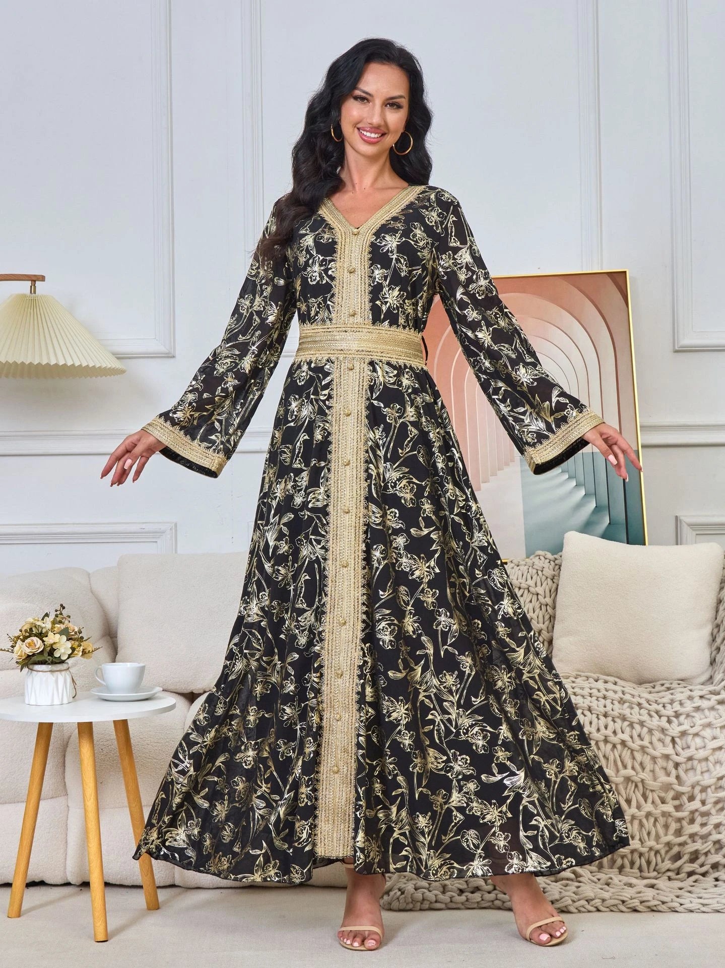 MH84 Summer Dubai Abaya Dress | Lightweight Gold Print Modest Maxi Kaftan