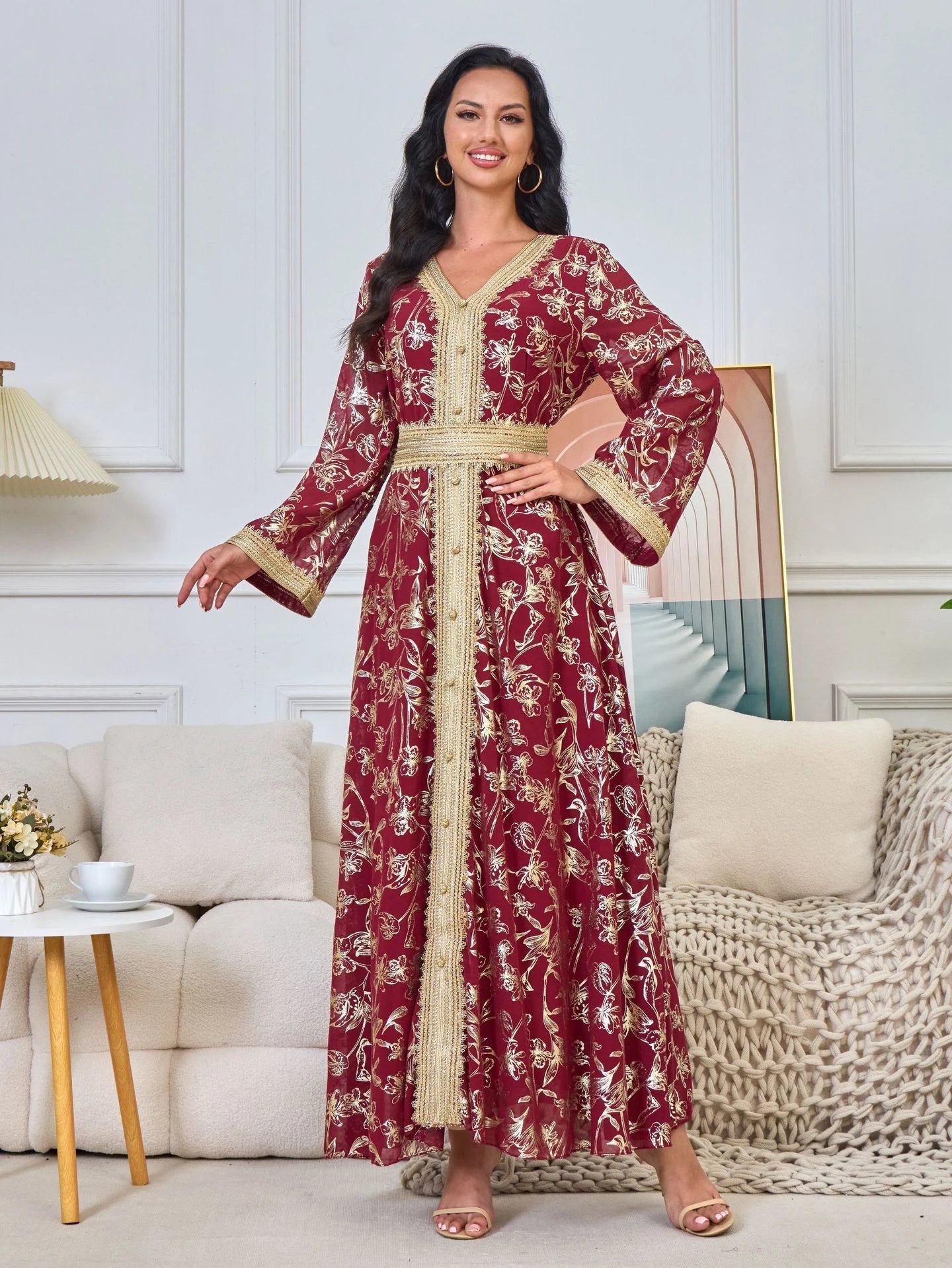 MH84 Summer Dubai Abaya Dress | Lightweight Gold Print Modest Maxi Kaftan