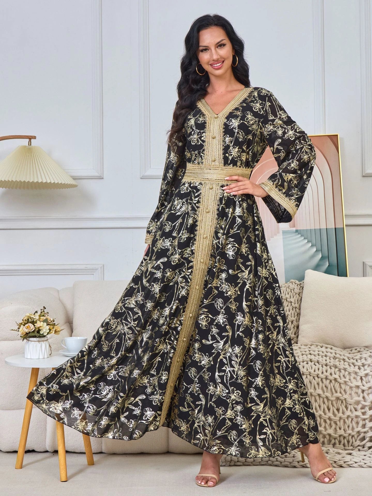 MH84 Summer Dubai Abaya Dress | Lightweight Gold Print Modest Maxi Kaftan