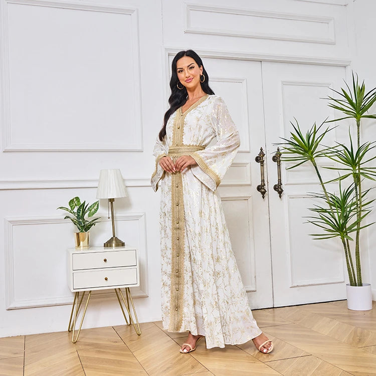 MH84 Summer Dubai Abaya Dress | Lightweight Gold Print Modest Maxi Kaftan