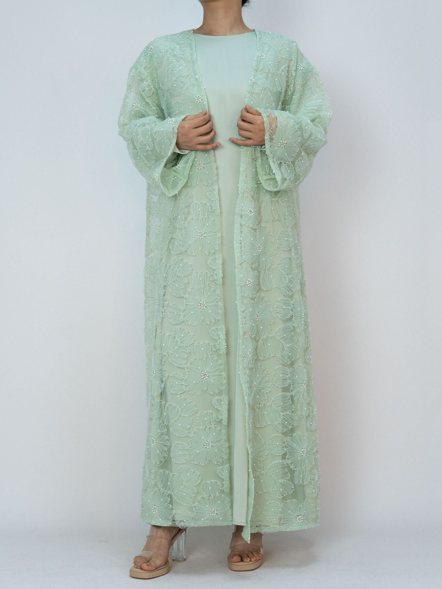 MH90 Beaded Lace Abaya Set – Embroidered Open Abaya, Optional Hijab & Inner Dress