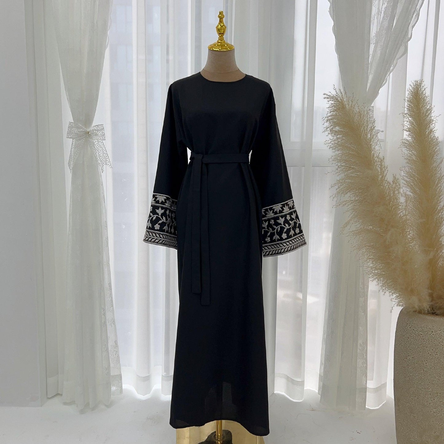 Ramadan Dubai Abaya Dress - Soft Embroidery Kefiyyeh Belted Robe | Modest Islamic Clothing for Women - Mahathelabel