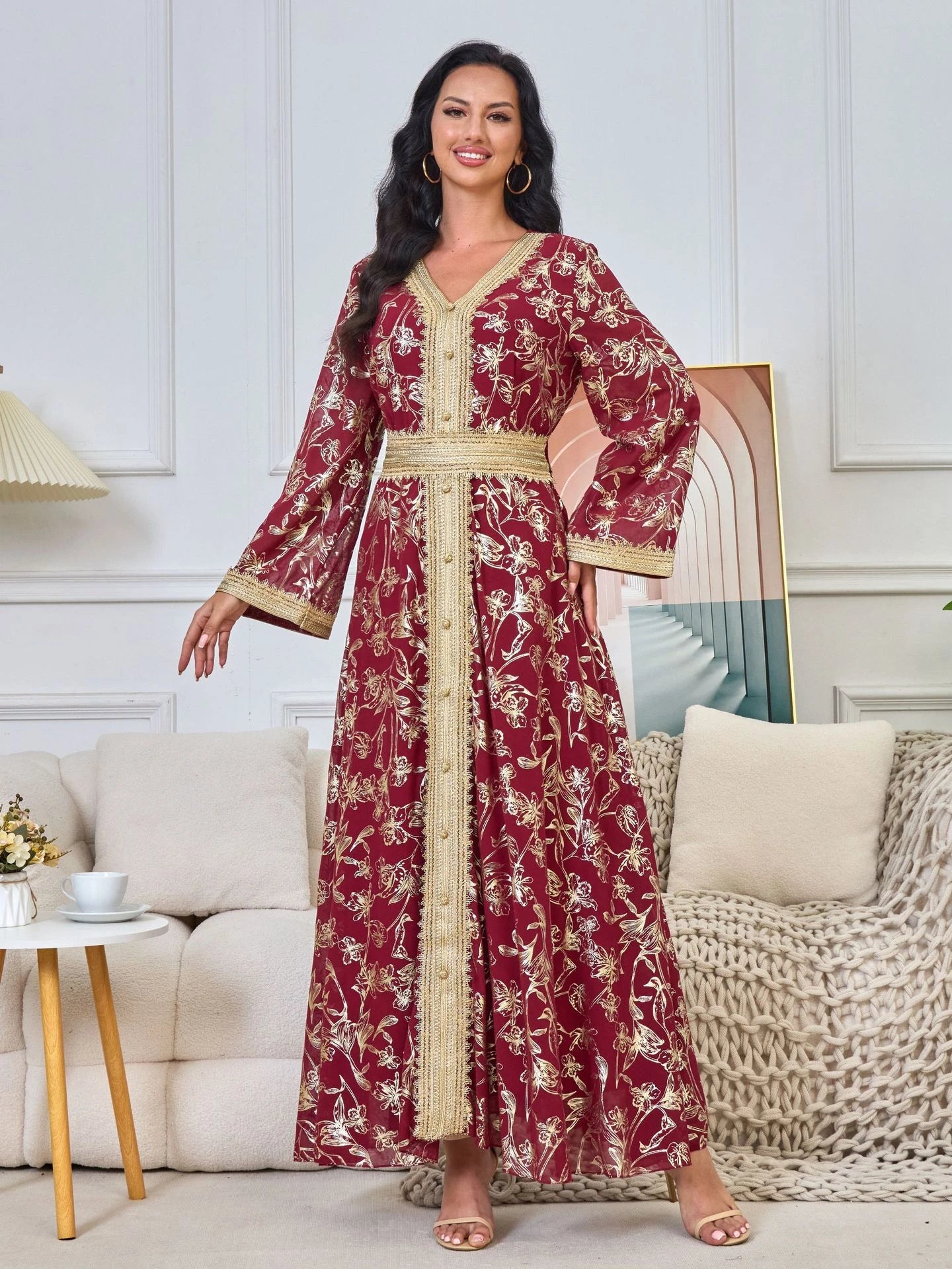 MH84 Summer Dubai Abaya Dress | Lightweight Gold Print Modest Maxi Kaftan
