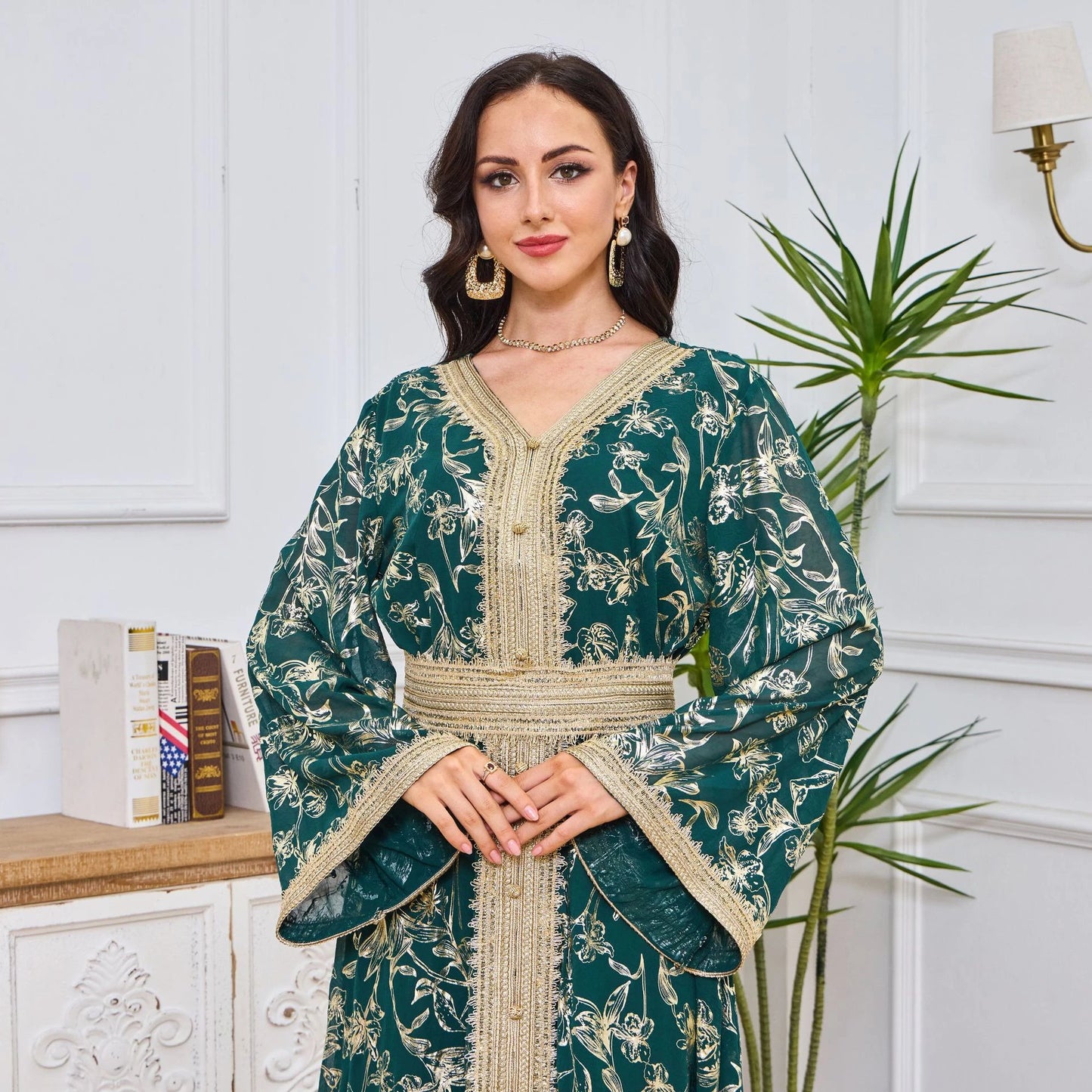 MH84 Summer Dubai Abaya Dress | Lightweight Gold Print Modest Maxi Kaftan