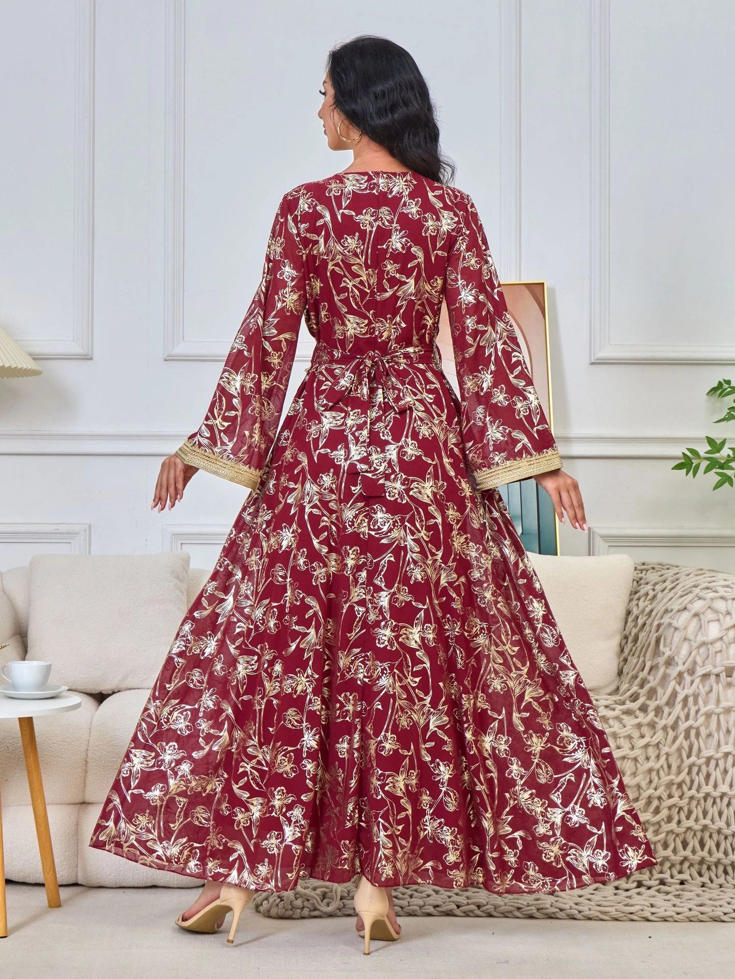 MH84 Summer Dubai Abaya Dress | Lightweight Gold Print Modest Maxi Kaftan