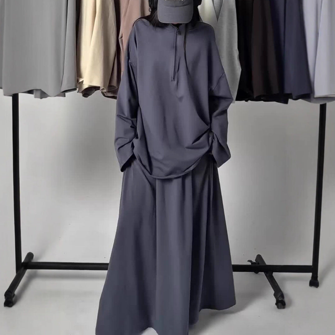 MH126 Modest Half-Zip Top and Maxi Skirt Set – Loose Casual Two Piece Outfit