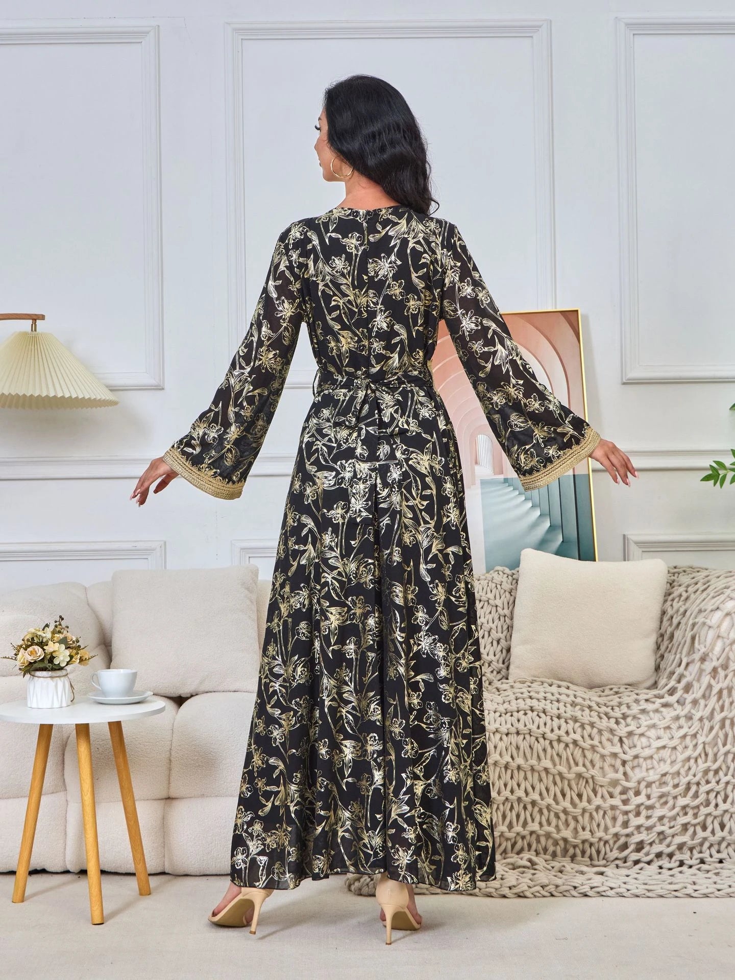 MH84 Summer Dubai Abaya Dress | Lightweight Gold Print Modest Maxi Kaftan