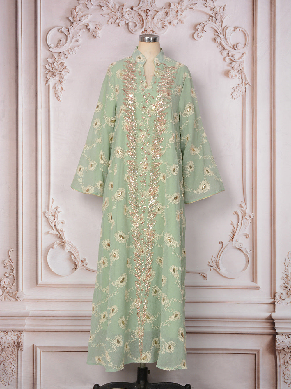 MH133 Luxury Embroidered Sequin Abaya Dress – Elegant Pink Modest Kaftan for Eid & Special Occasions