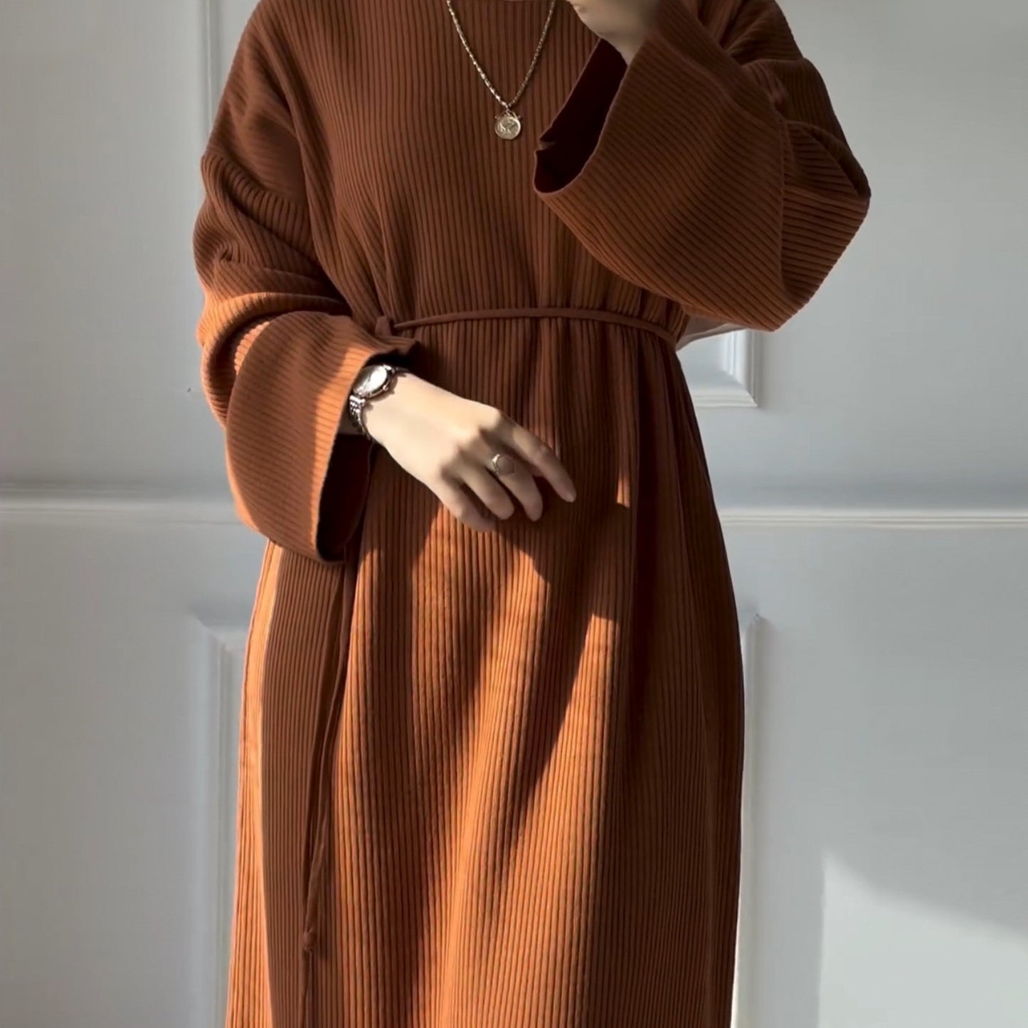 MH76 Winter Abaya for Women – Ribbed, Belted, Long Sleeve Modest Islamic Dress