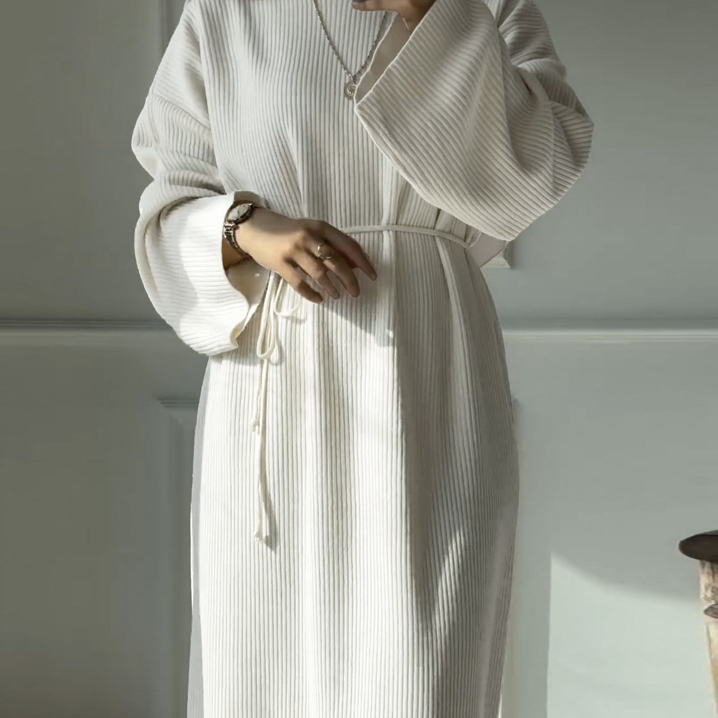 MH76 Winter Abaya for Women – Ribbed, Belted, Long Sleeve Modest Islamic Dress