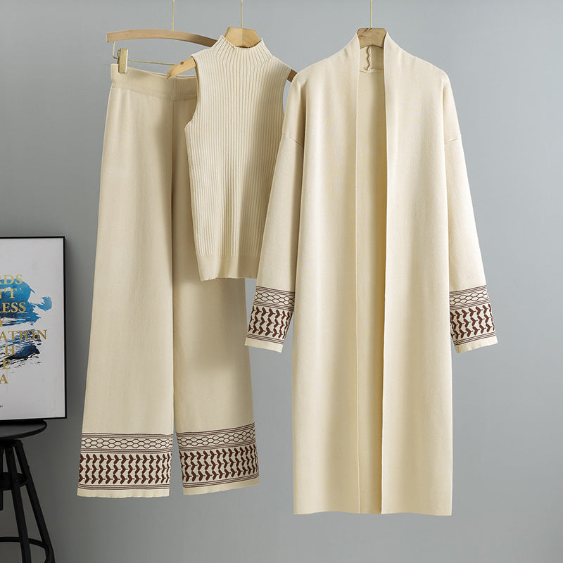 MH110 Abaya 3-Piece Knit Set – Cardigan, Mock-Neck Top & Wide-Leg Pants with Keffiyeh-Pattern Trim on Cuffs & Hem | Winter Layering, Daily to Mosque