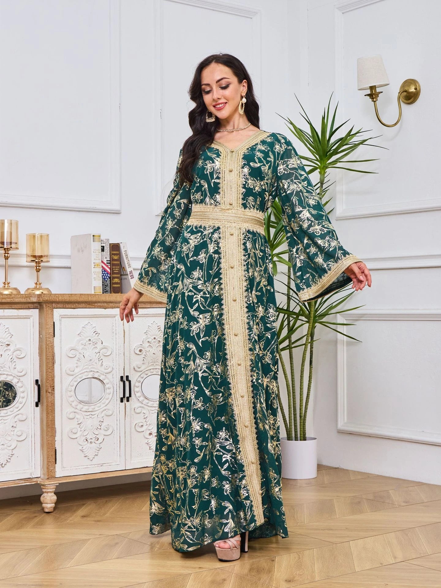 MH84 Summer Dubai Abaya Dress | Lightweight Gold Print Modest Maxi Kaftan