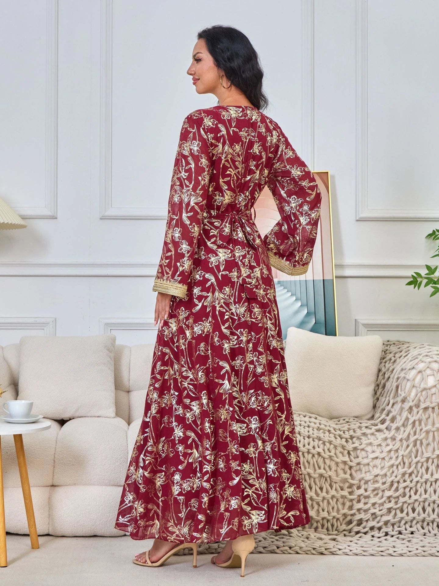 MH84 Summer Dubai Abaya Dress | Lightweight Gold Print Modest Maxi Kaftan