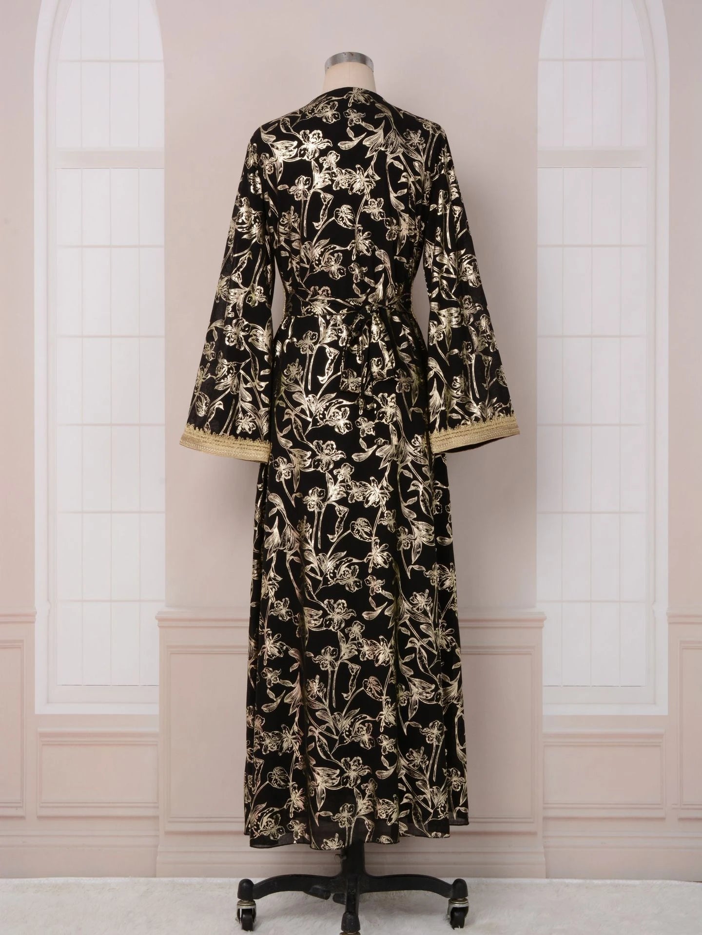 MH84 Summer Dubai Abaya Dress | Lightweight Gold Print Modest Maxi Kaftan