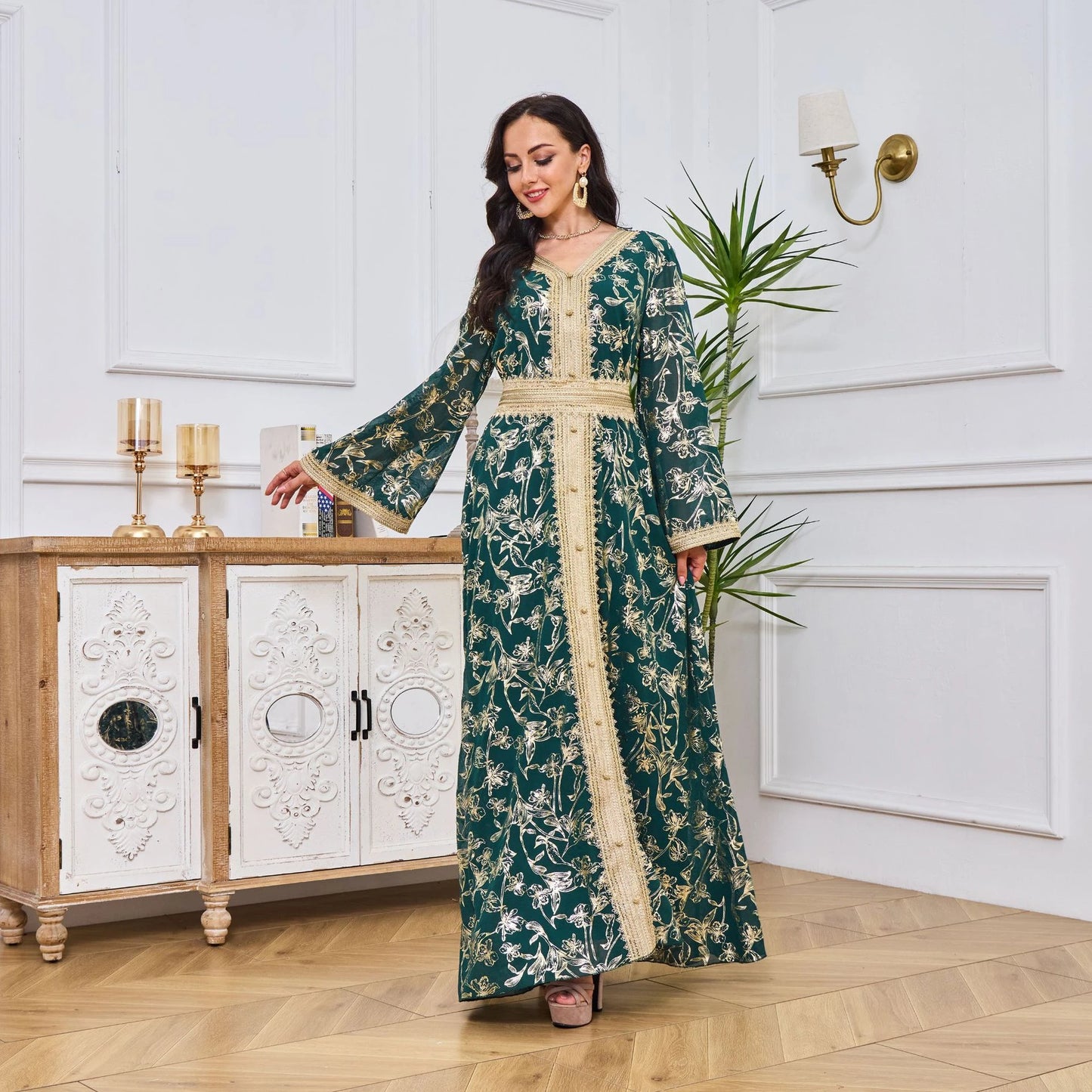 MH84 Summer Dubai Abaya Dress | Lightweight Gold Print Modest Maxi Kaftan