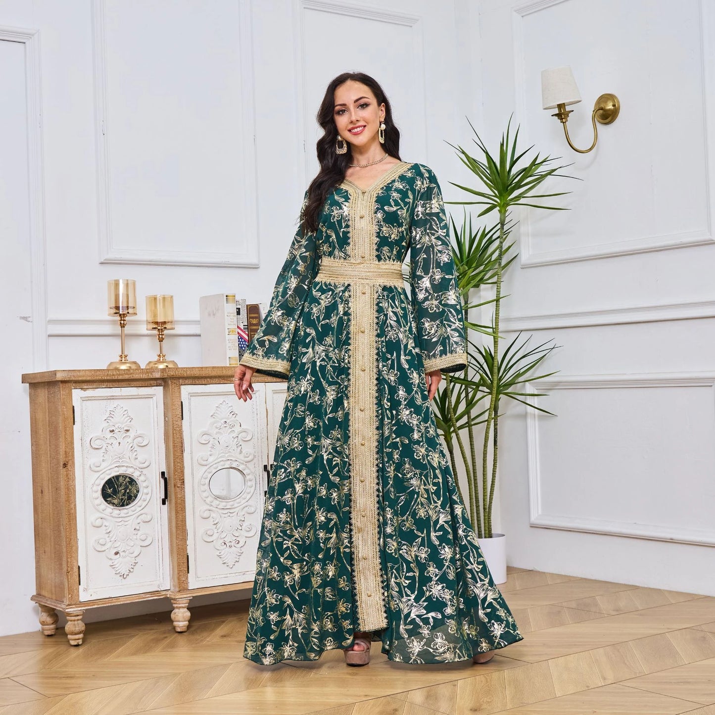 MH84 Summer Dubai Abaya Dress | Lightweight Gold Print Modest Maxi Kaftan