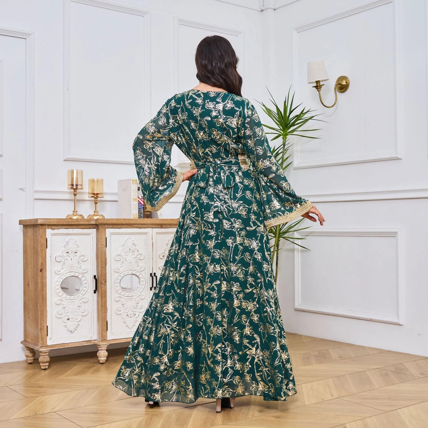 MH84 Summer Dubai Abaya Dress | Lightweight Gold Print Modest Maxi Kaftan