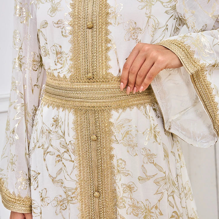 MH84 Summer Dubai Abaya Dress | Lightweight Gold Print Modest Maxi Kaftan