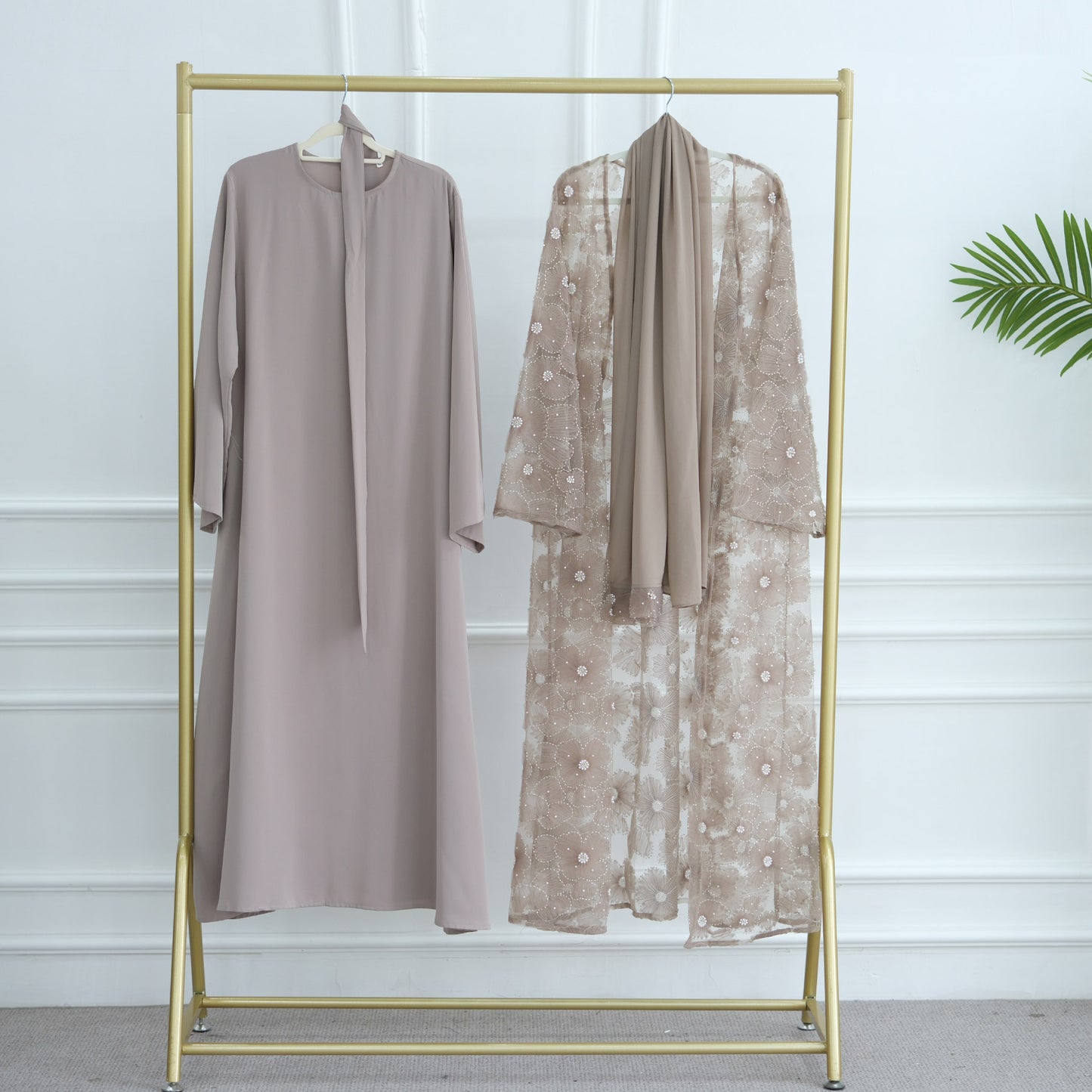 MH90 Beaded Lace Abaya Set – Embroidered Open Abaya, Optional Hijab & Inner Dress