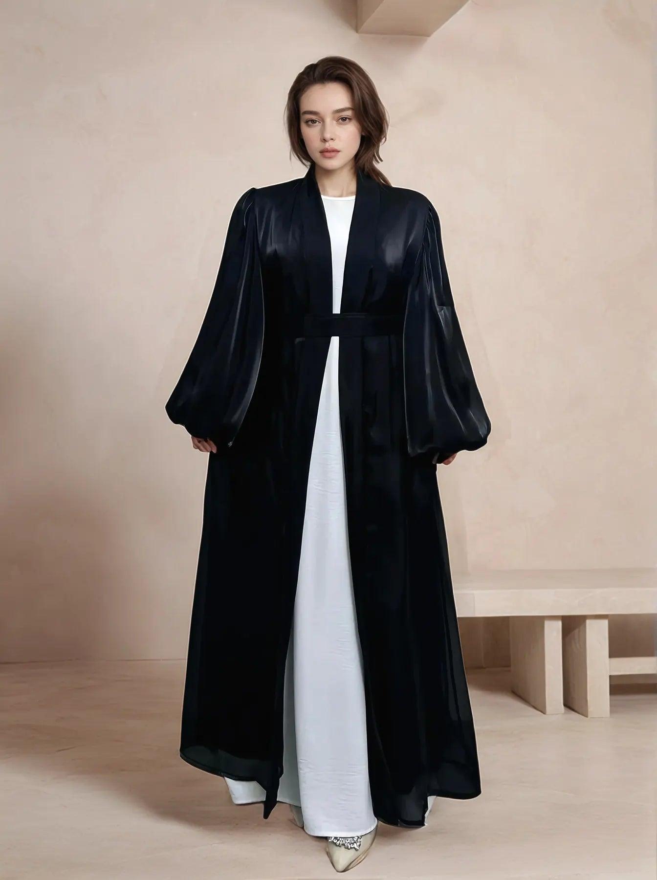 Premium Eid Abaya | Shiny Open Abaya with Balloon Sleeves-BLACK - Mahathelabel