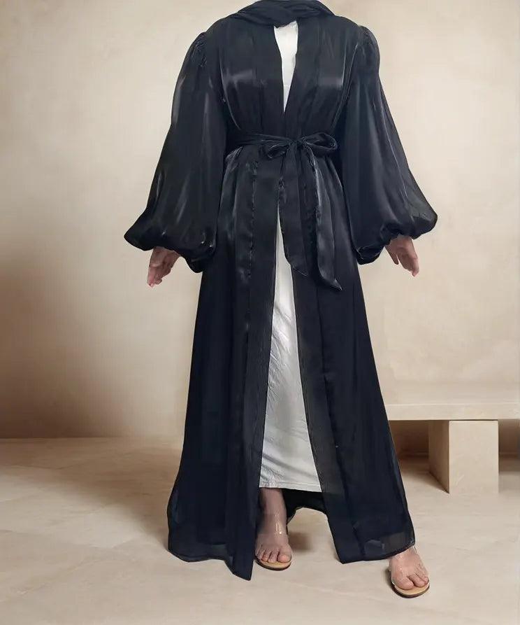 Premium Eid Abaya | Shiny Open Abaya with Balloon Sleeves-BLACK - Mahathelabel